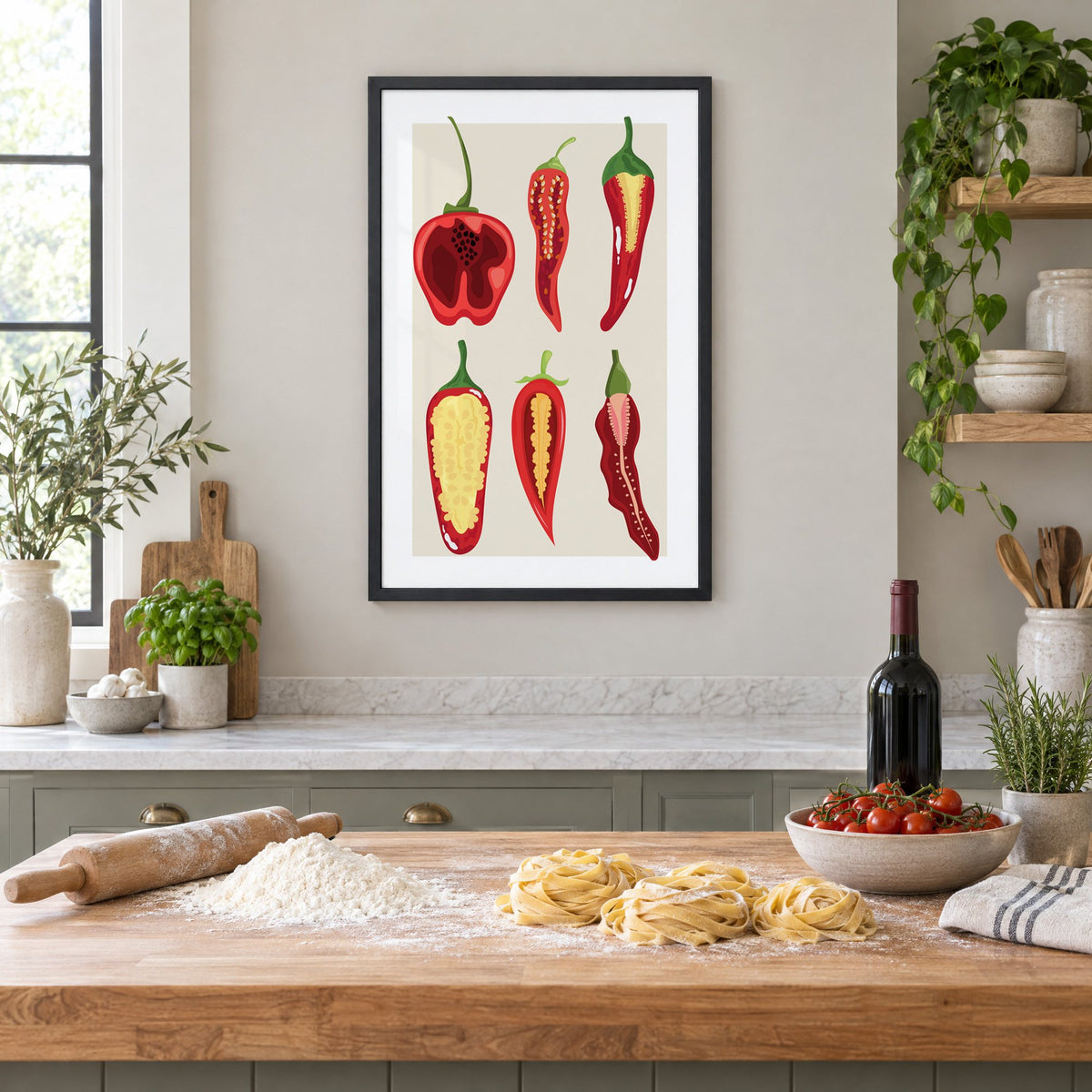 six sliced chili pepper cross sections print in a black frame above a butcher-block island with fresh pasta, flour and cherry tomatoes