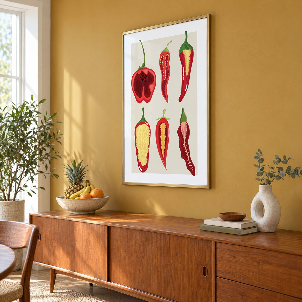 six sliced chili pepper cross sections print in a brass frame on a mustard wall above a teak sideboard with a fruit bowl, seen at an angle