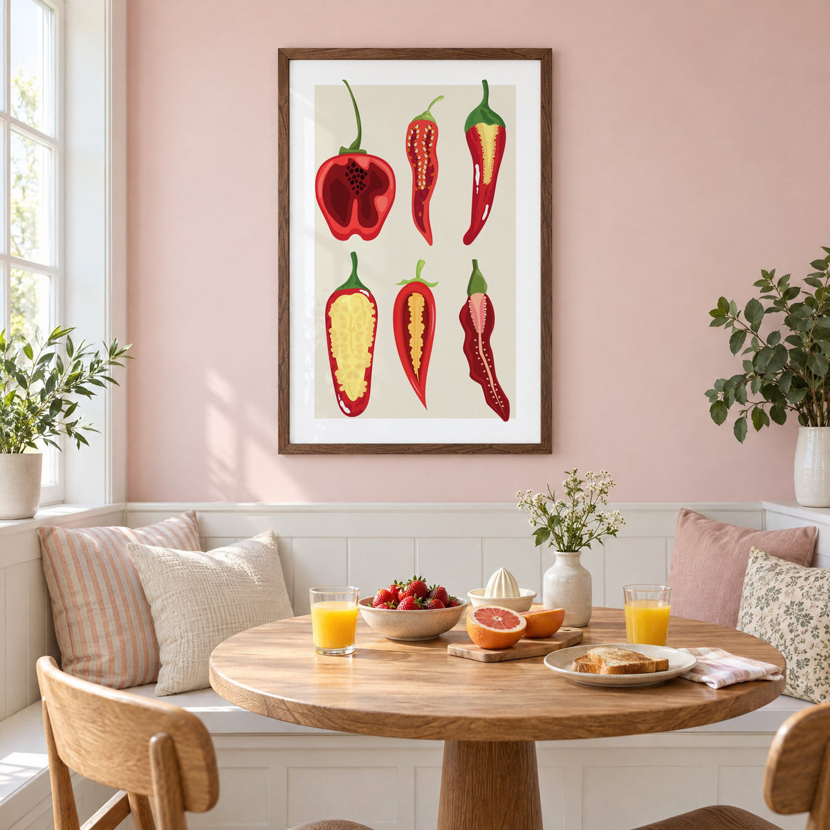six sliced chili pepper cross sections print in a walnut frame on a pastel pink wall above a breakfast nook with strawberries and orange juice