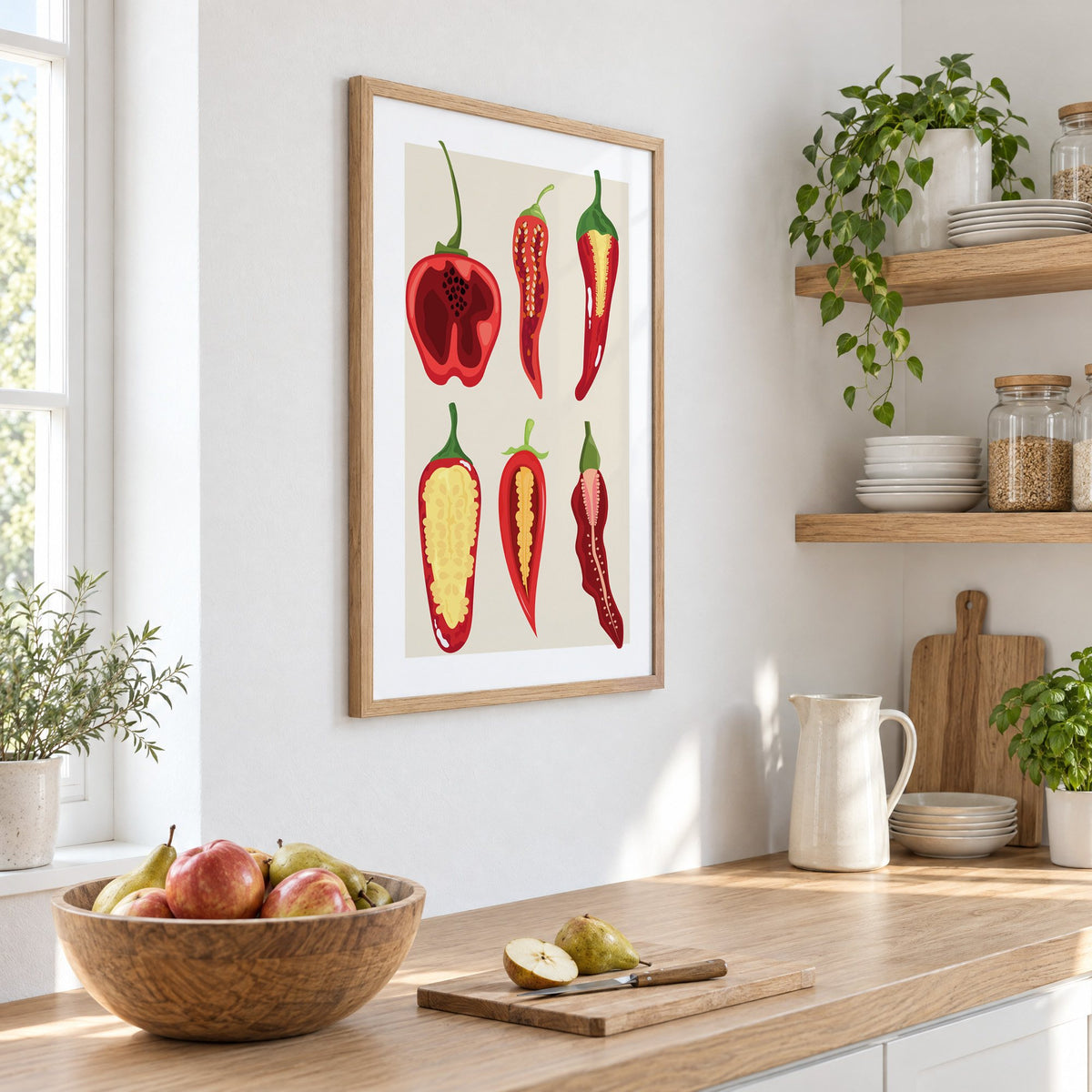six sliced chili pepper cross sections print in an oak frame on a white kitchen wall above a counter with apples and pears, seen at an angle