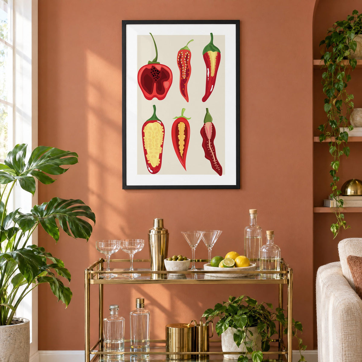 six sliced chili pepper cross sections print in a black frame on a terracotta wall above a brass bar cart with coupes and citrus