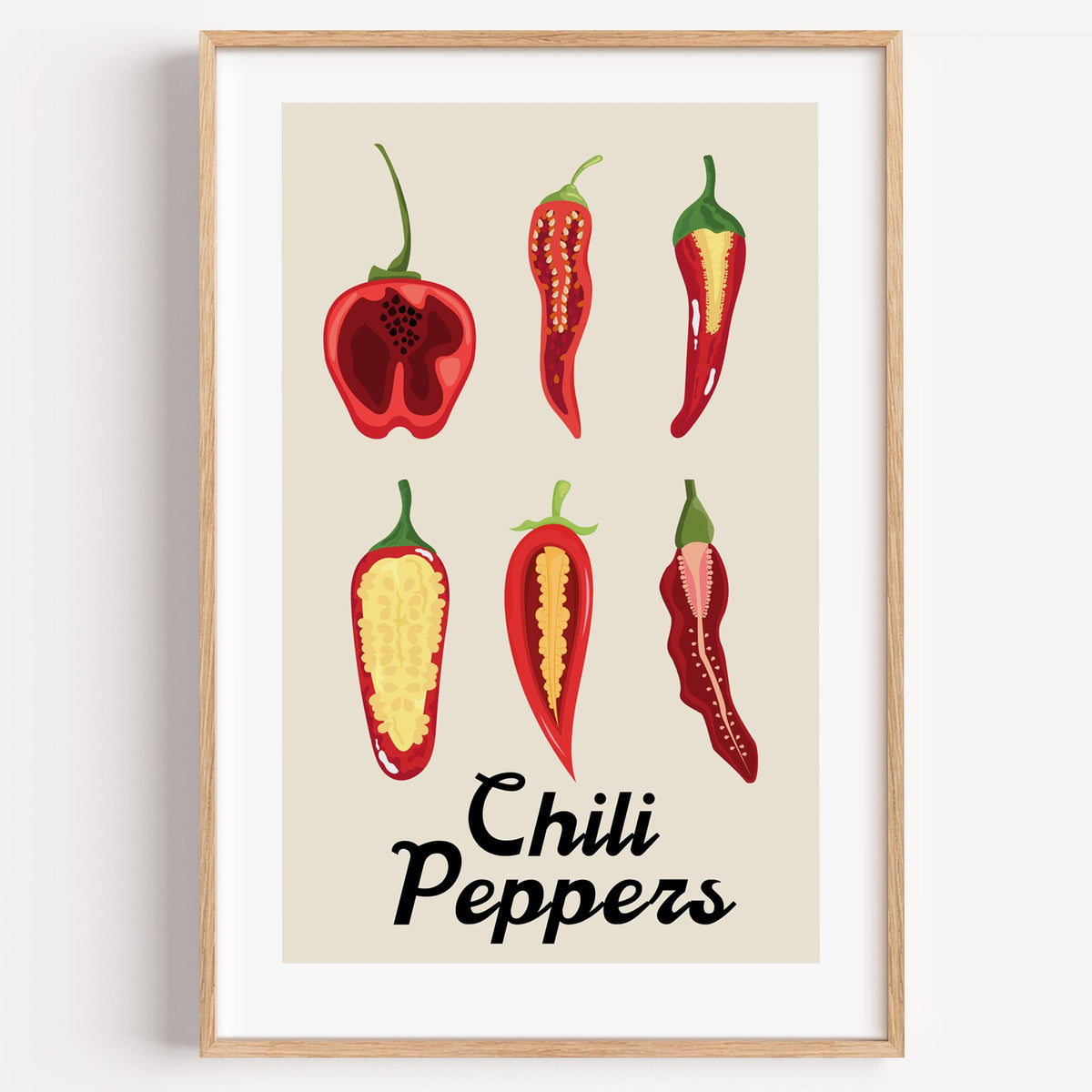 Chili Peppers six halves grid print in a light oak frame on a plain white wall