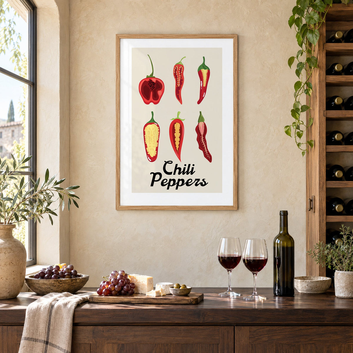 Chili Peppers six halves grid print in an oak frame on a limewashed wall above a wine counter with red wine, cheese and grapes