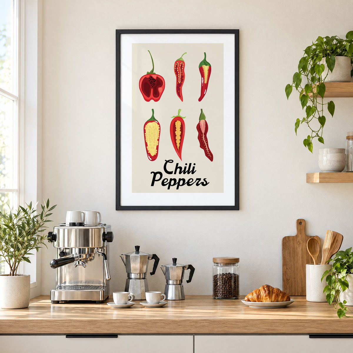 Chili Peppers six halves grid print in a black frame above a home espresso bar with moka pots and espresso cups