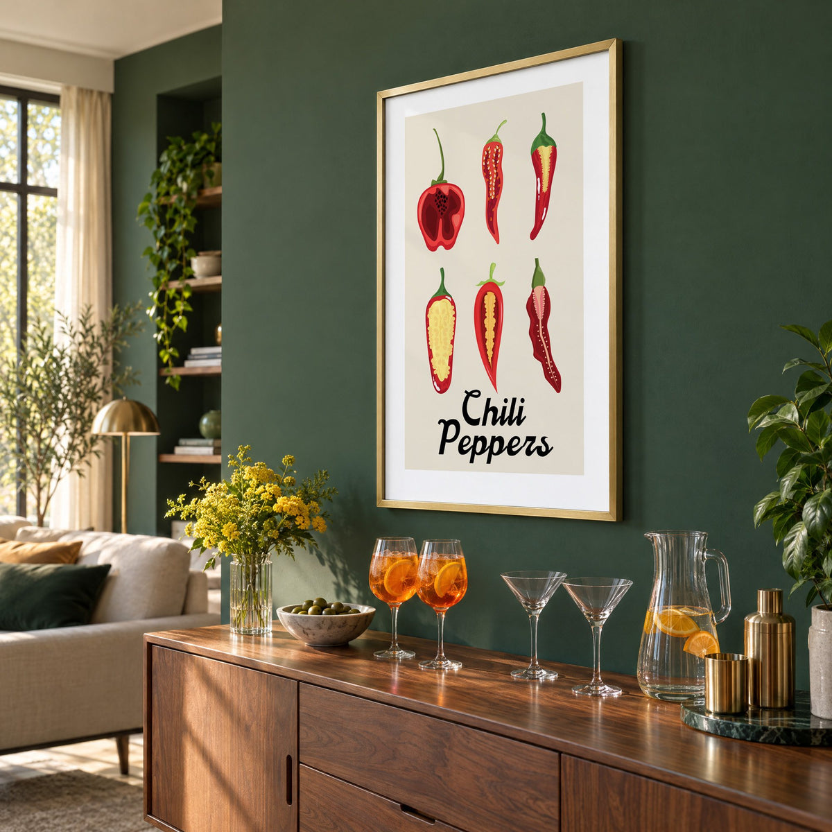 Chili Peppers six halves grid print in a brass frame on a bottle green wall above a sideboard with spritz and martini glasses, seen at an angle