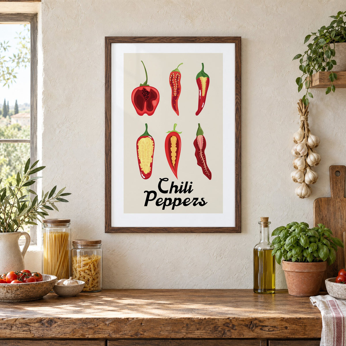 Chili Peppers six halves grid print in a walnut frame above a rustic Italian pantry counter with pasta jars, garlic and tomatoes