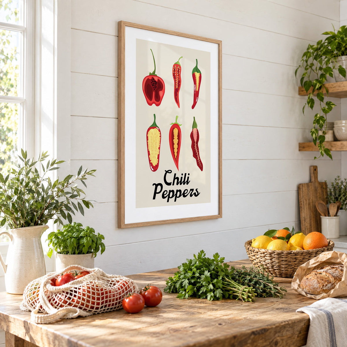 Chili Peppers six halves grid print in an oak frame on a shiplap wall above a farm table with market tomatoes and citrus, seen at an angle
