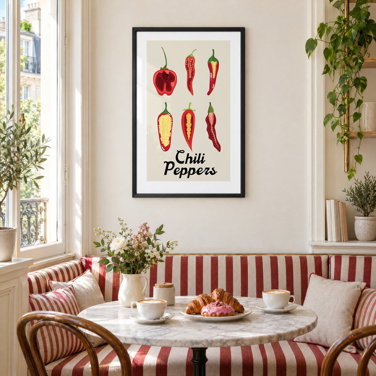 Chili Peppers six halves grid print in a black frame above a striped cafe breakfast nook with cappuccino and pastries