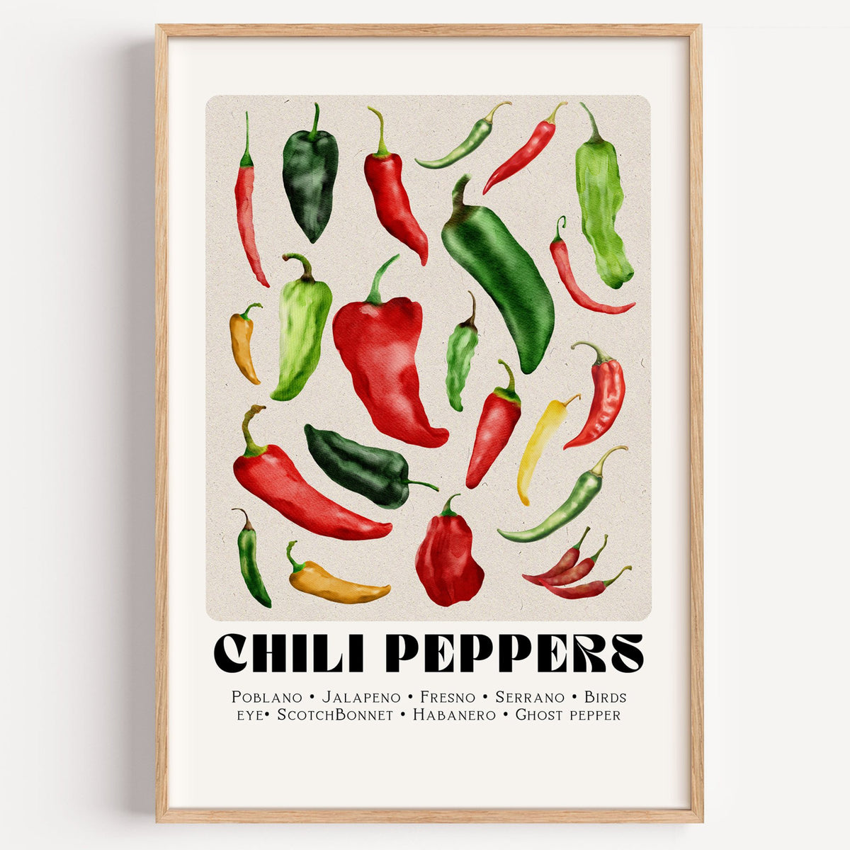 CHILI PEPPERS watercolor varieties print in a light oak frame on a plain white wall