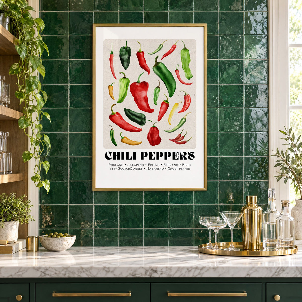 CHILI PEPPERS watercolor varieties print in a brass frame on emerald green tiles above a home bar with coupe glasses