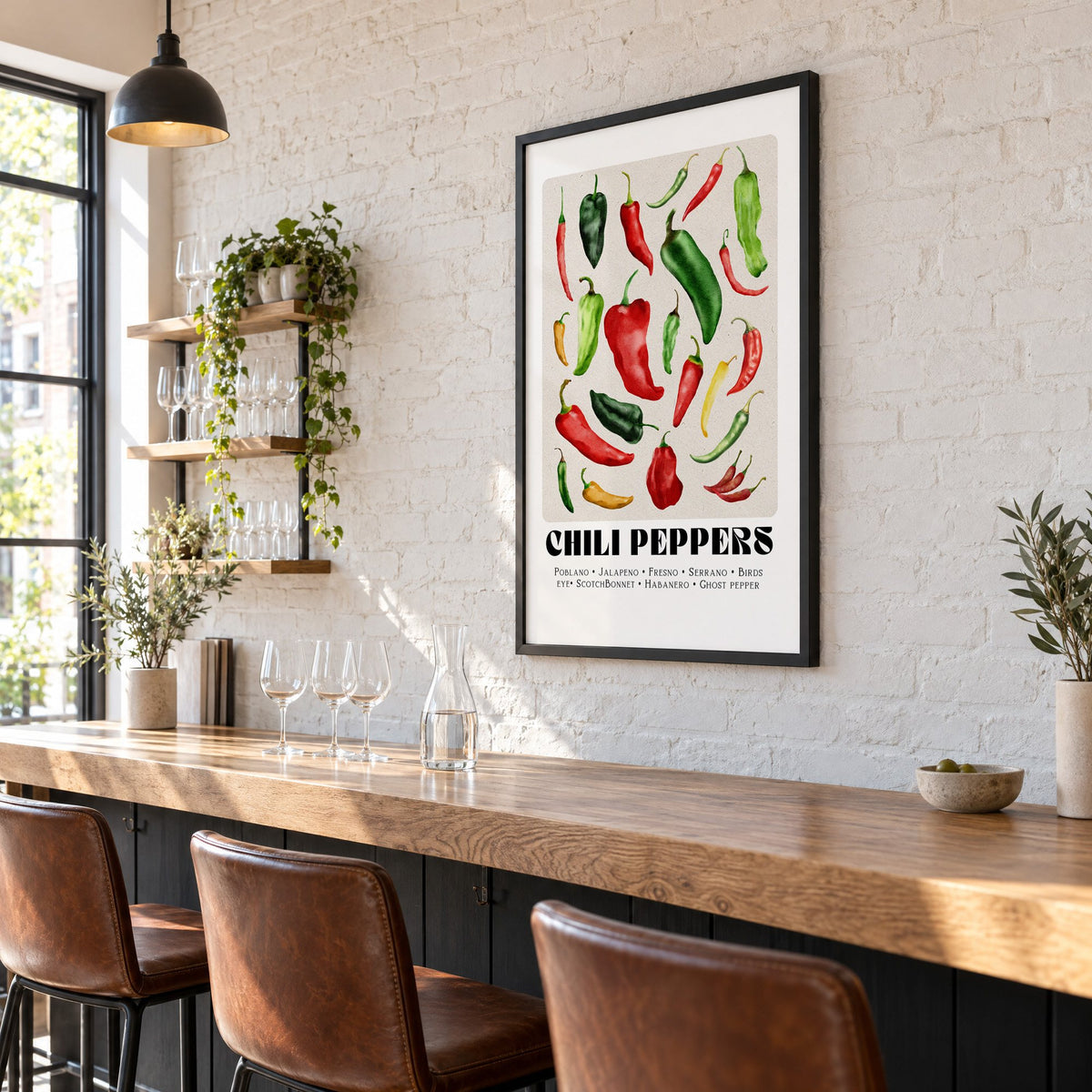 CHILI PEPPERS watercolor varieties print in a black frame on a white brick wall above a wine bar counter