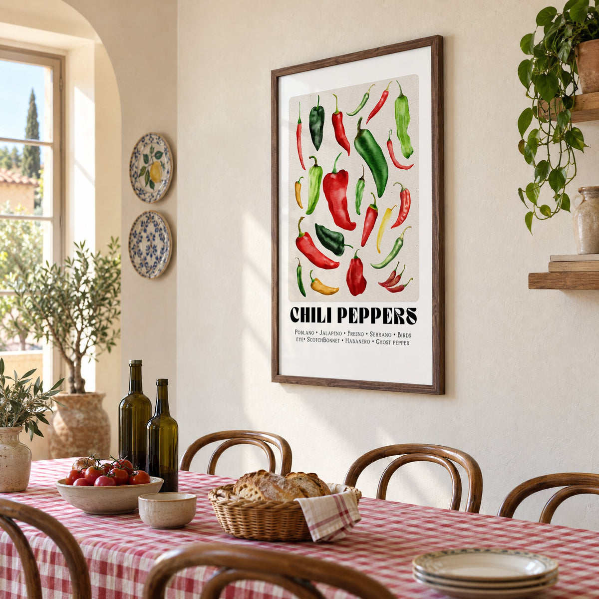 CHILI PEPPERS watercolor varieties print in a walnut frame above a gingham-covered trattoria table, seen at an angle
