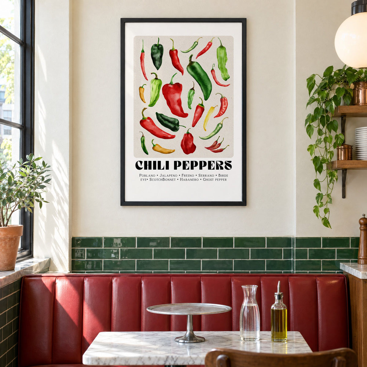 CHILI PEPPERS watercolor varieties print in a black frame above a red leather booth in a sunny pizzeria