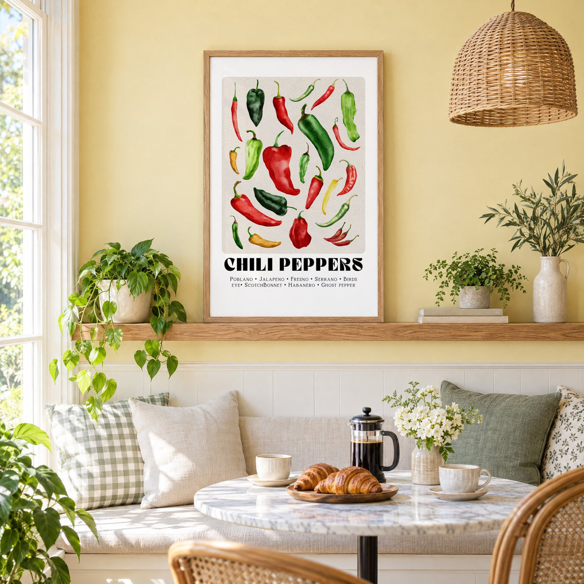 CHILI PEPPERS watercolor varieties print in an oak frame on a picture ledge above a sunny breakfast nook