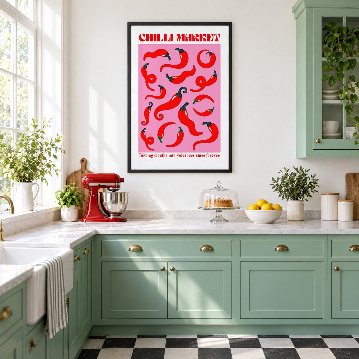 Chilli Market curly peppers print in a black frame in a mint green retro kitchen above a red stand mixer