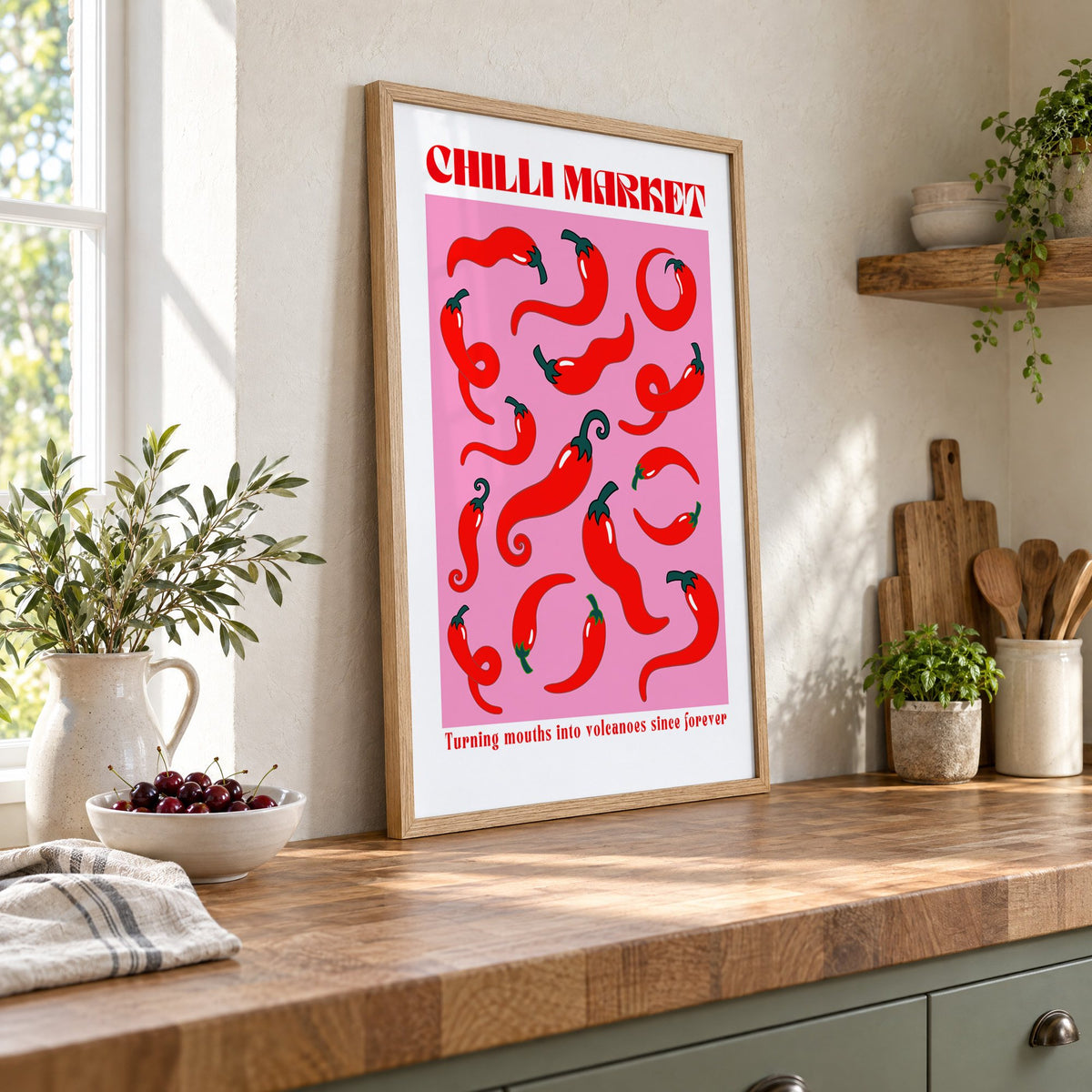 Chilli Market curly peppers print in an oak frame leaning on a butcher block island beside a bowl of cherries