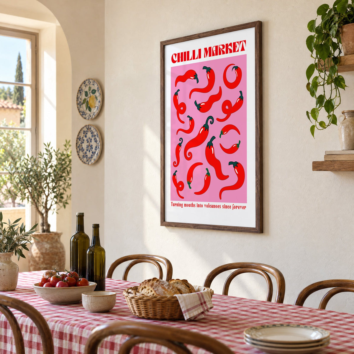 Chilli Market curly peppers print in a walnut frame above a gingham-covered trattoria table, seen at an angle