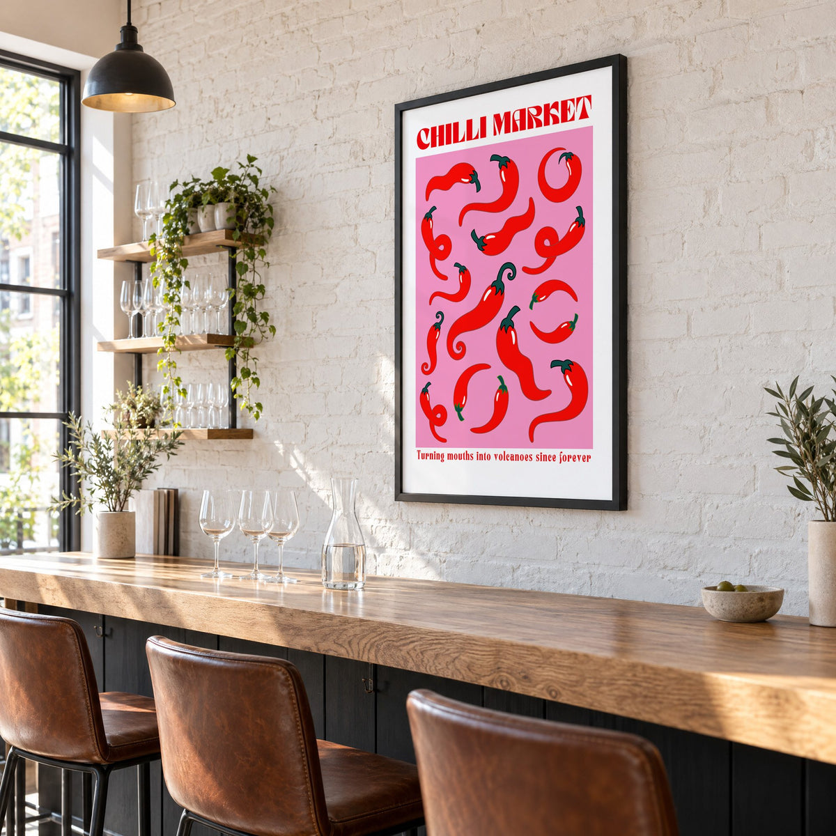 Chilli Market curly peppers print in a black frame on a white brick wall above a wine bar counter