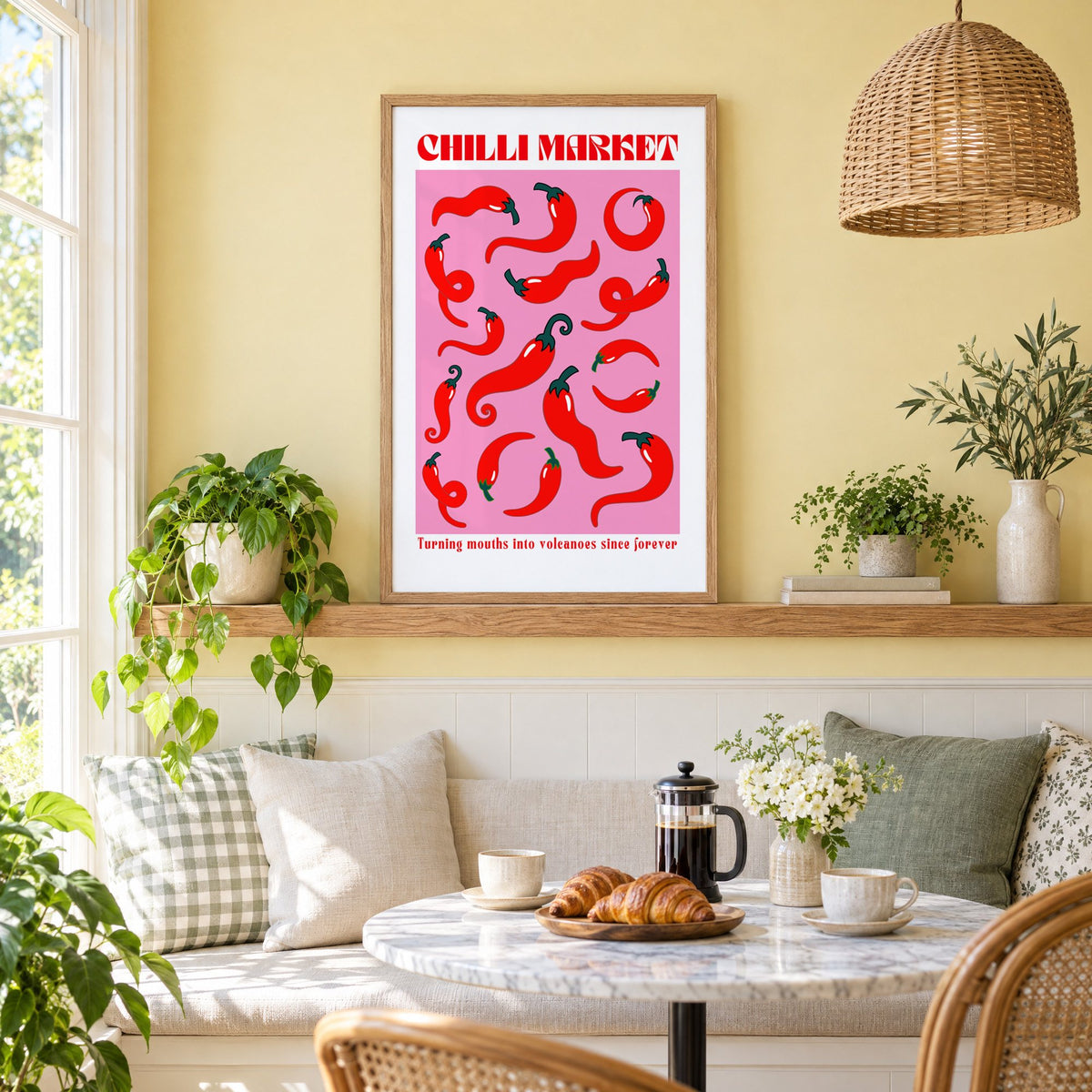 Chilli Market curly peppers print in an oak frame on a picture ledge above a sunny breakfast nook
