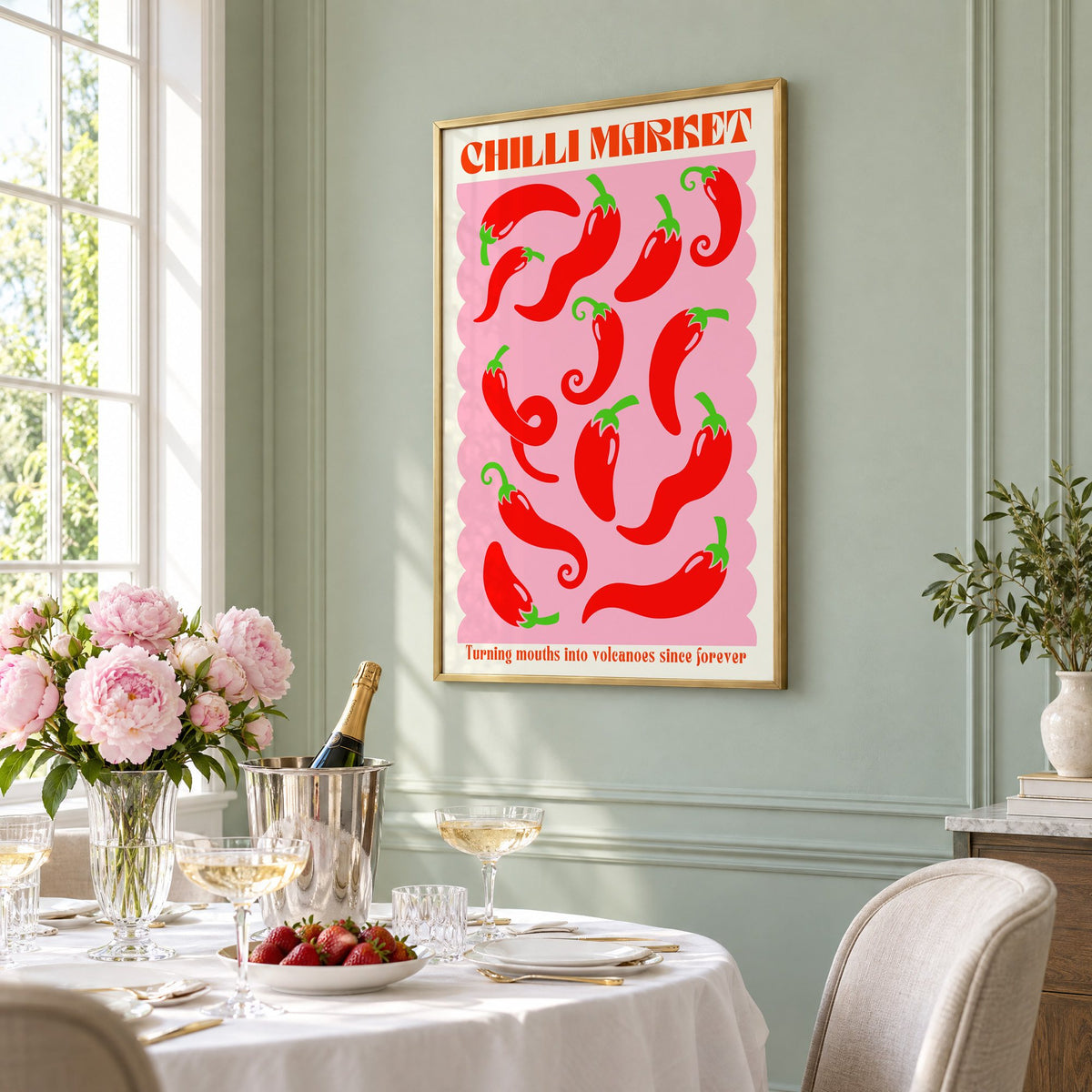 CHILLI MARKET red peppers pink scallop print in a brass frame on a sage wall above a brunch table with champagne and peonies, seen at an angle