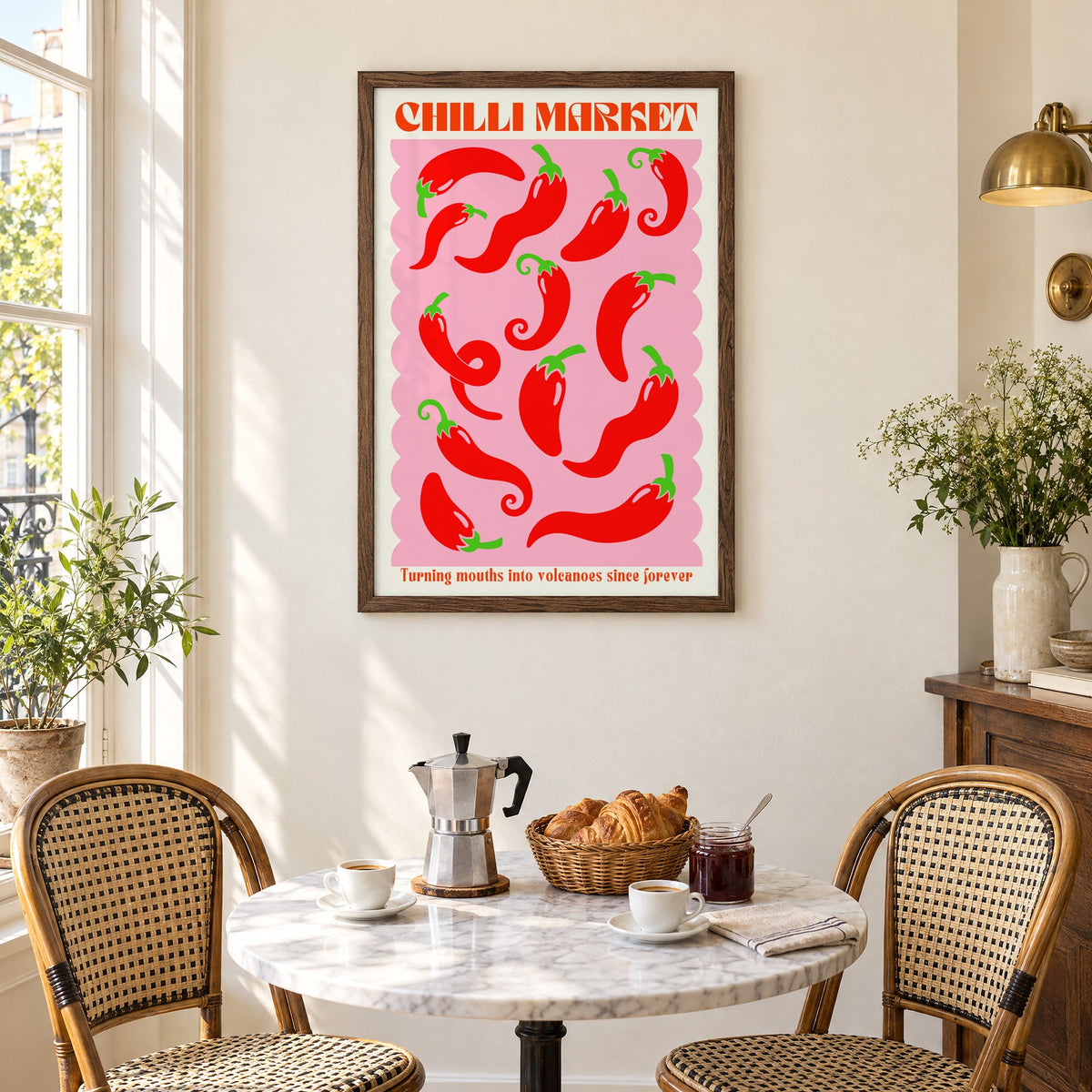 CHILLI MARKET red peppers pink scallop print in a walnut frame above a marble bistro table with croissants and rattan chairs