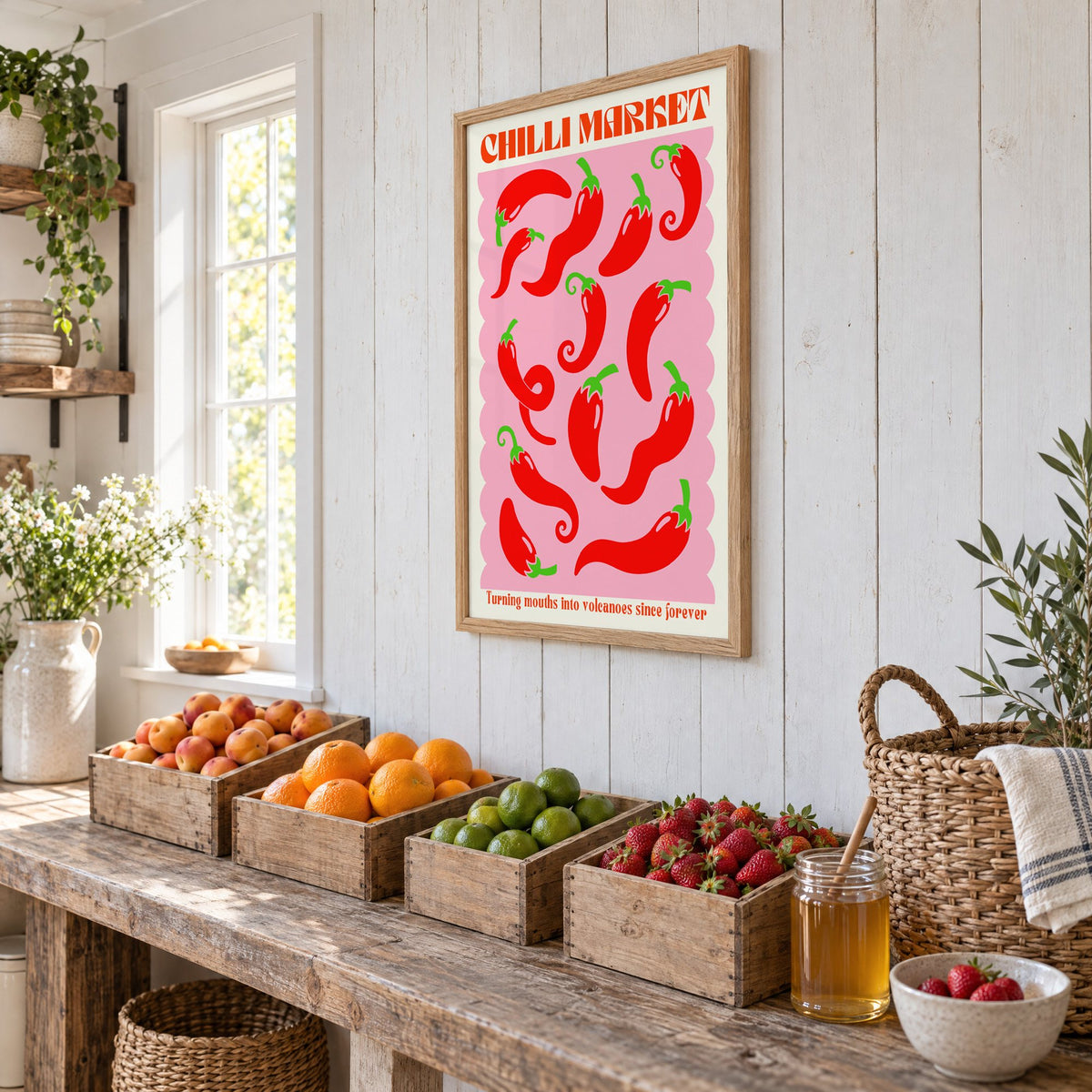 CHILLI MARKET red peppers pink scallop print in an oak frame on white plank walls above wooden crates of fresh fruit, seen at an angle