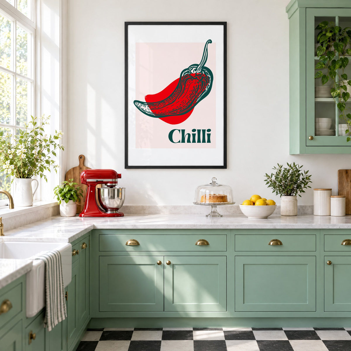 Chilli red pepper sketch print in a black frame in a mint green retro kitchen above a red stand mixer