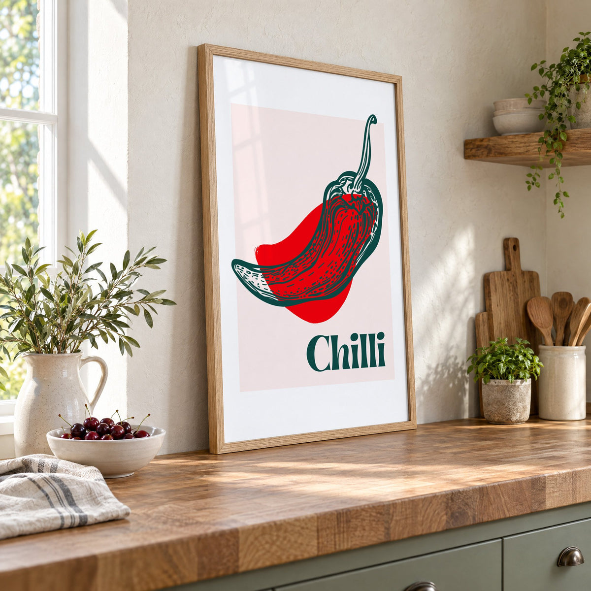 Chilli red pepper sketch print in an oak frame leaning on a butcher block island beside a bowl of cherries