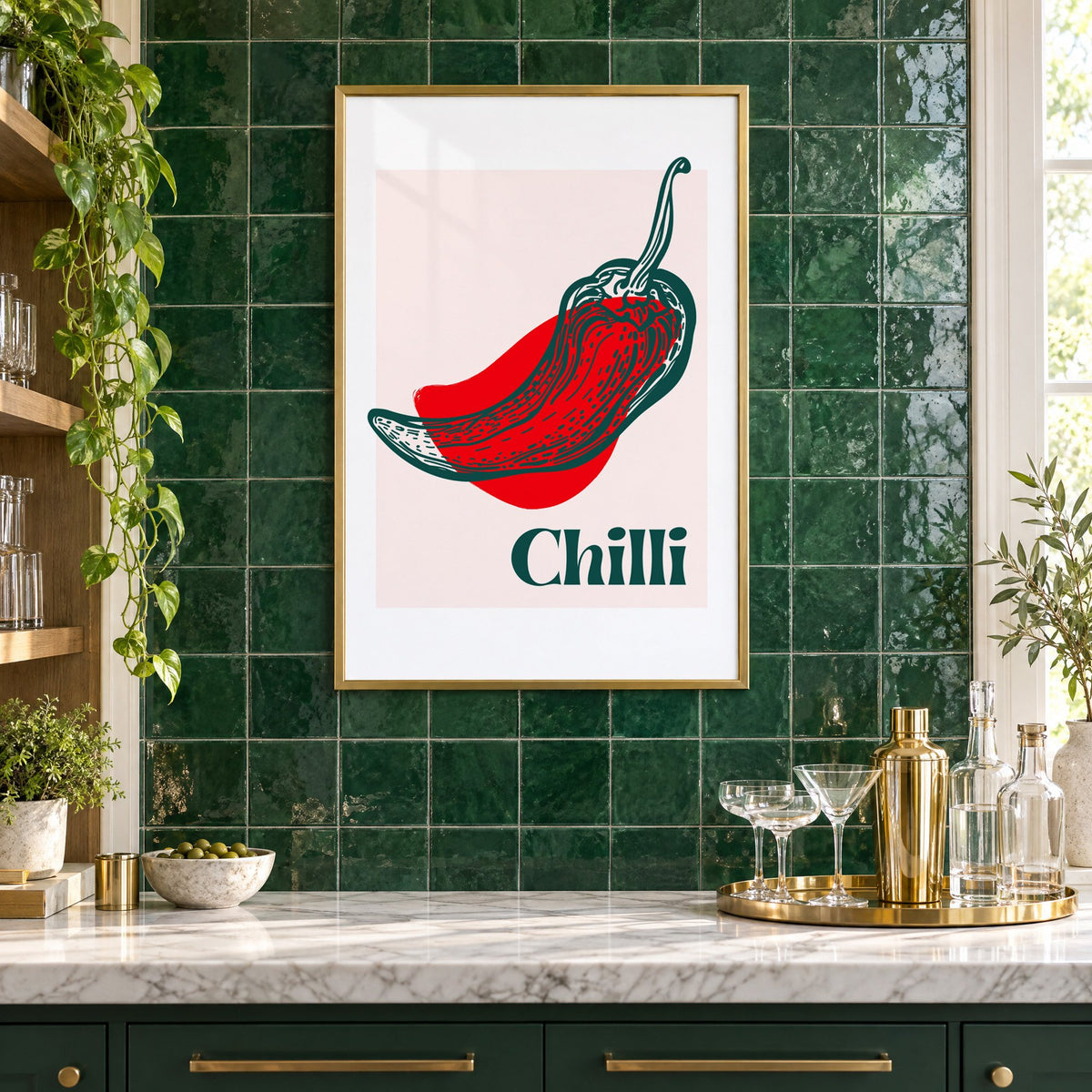 Chilli red pepper sketch print in a brass frame on emerald green tiles above a home bar with coupe glasses