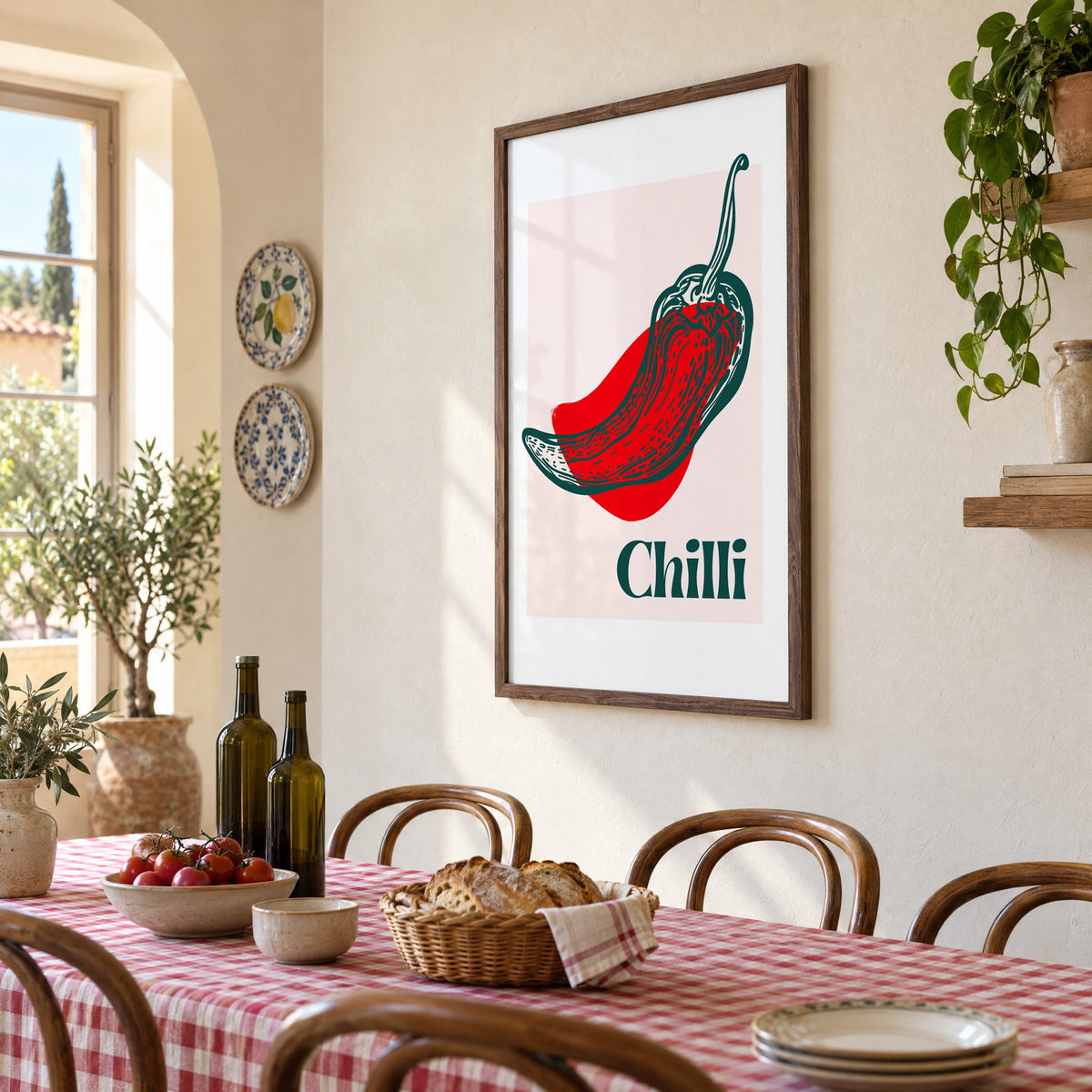 Chilli red pepper sketch print in a walnut frame above a gingham-covered trattoria table, seen at an angle