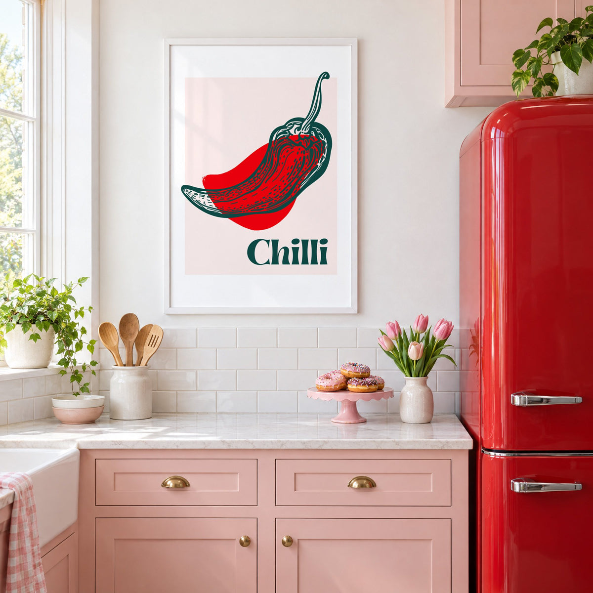 Chilli red pepper sketch print in a white frame in a pink kitchen beside a red retro fridge