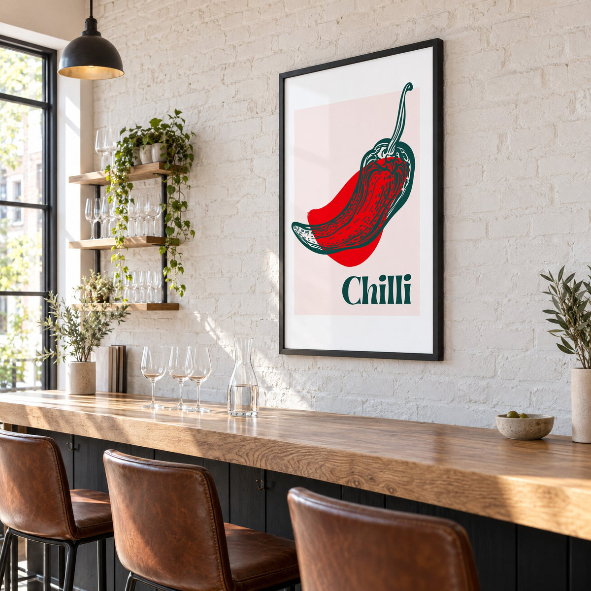 Chilli red pepper sketch print in a black frame on a white brick wall above a wine bar counter
