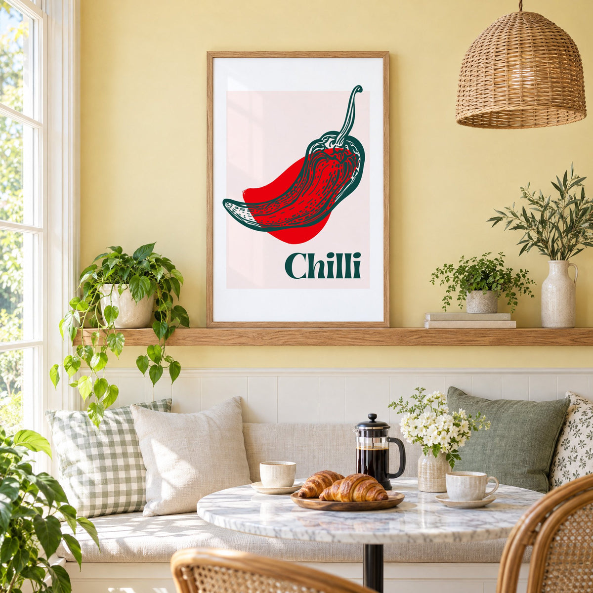 Chilli red pepper sketch print in an oak frame on a picture ledge above a sunny breakfast nook