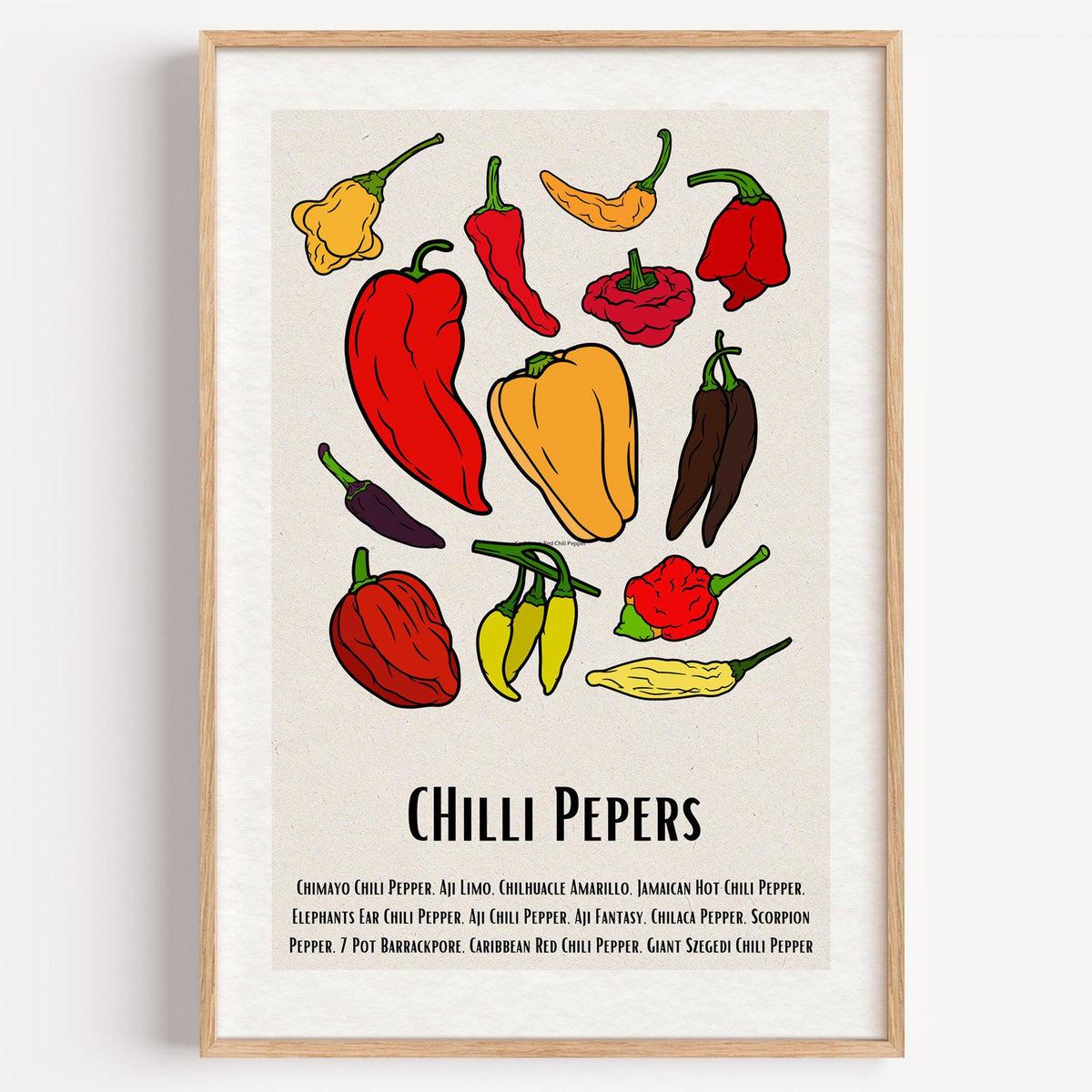 CHilli Pepers bold outline pepper chart print in a light oak frame on a plain white wall