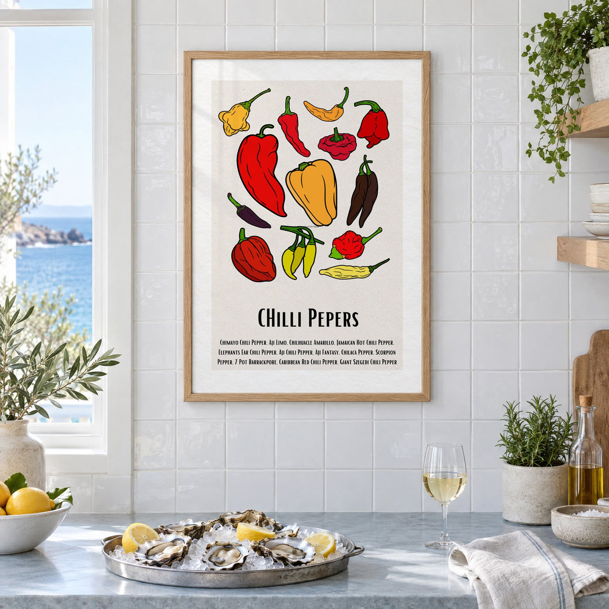 CHilli Pepers bold outline pepper chart print in an oak frame on white tiles above a marble counter with oysters and lemons by a sea view