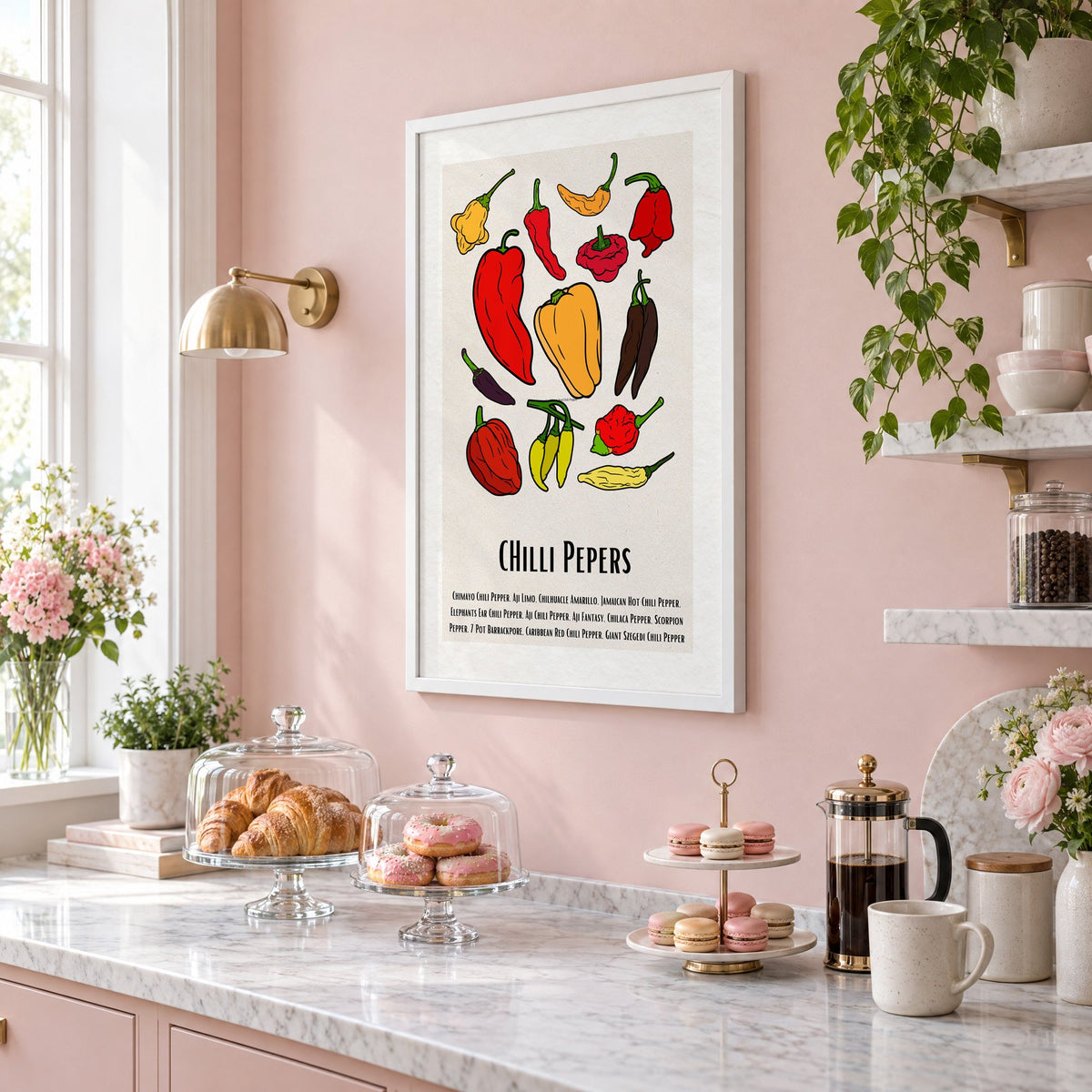 CHilli Pepers bold outline pepper chart print in a white frame on a blush pink wall above a patisserie counter with croissants and macarons, seen at an angle