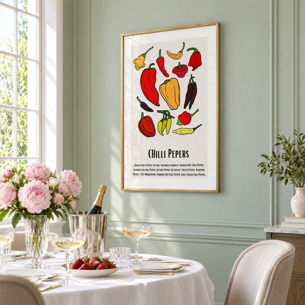 CHilli Pepers bold outline pepper chart print in a brass frame on a sage wall above a brunch table with champagne and peonies, seen at an angle