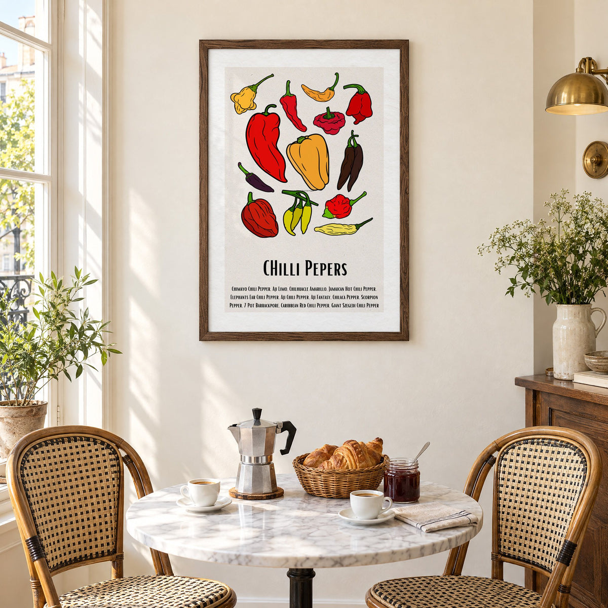 CHilli Pepers bold outline pepper chart print in a walnut frame above a marble bistro table with croissants and rattan chairs