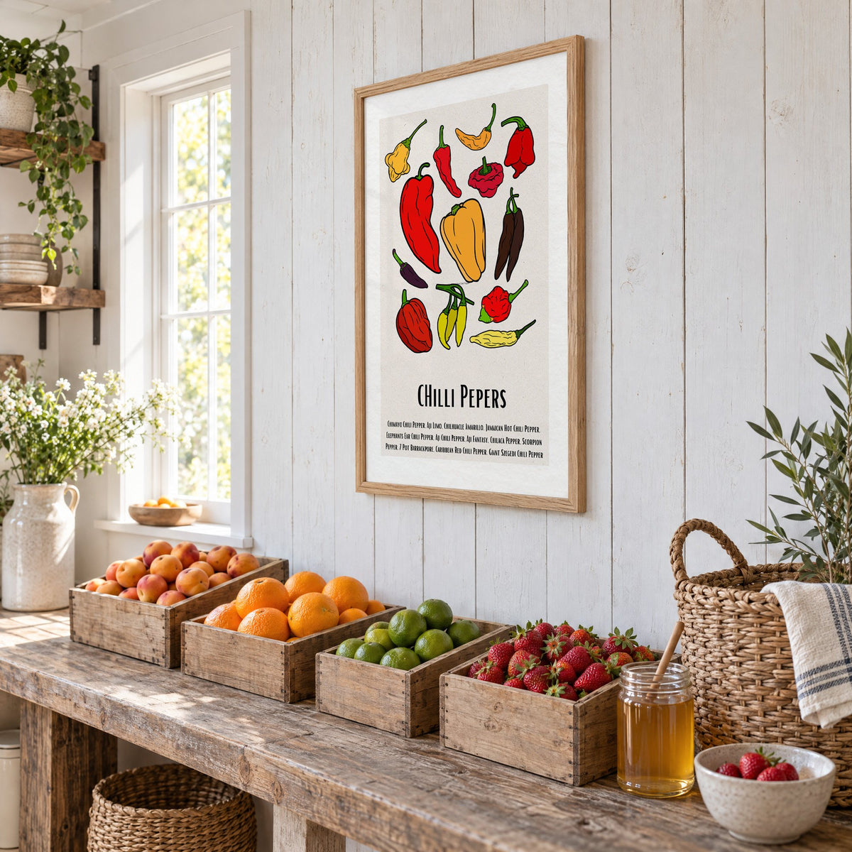 CHilli Pepers bold outline pepper chart print in an oak frame on white plank walls above wooden crates of fresh fruit, seen at an angle