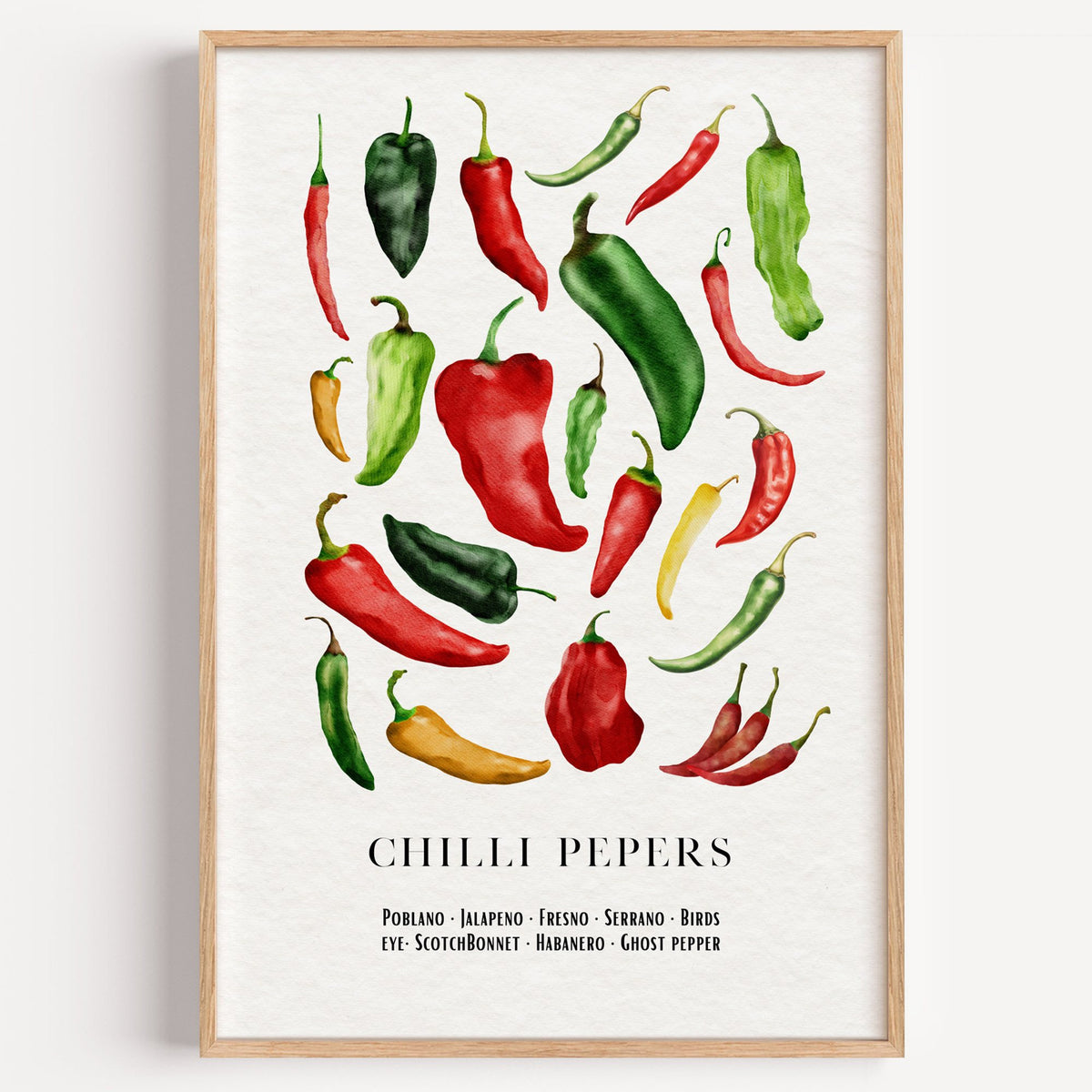 CHILLI PEPERS watercolor pepper varieties print in a light oak frame on a plain white wall