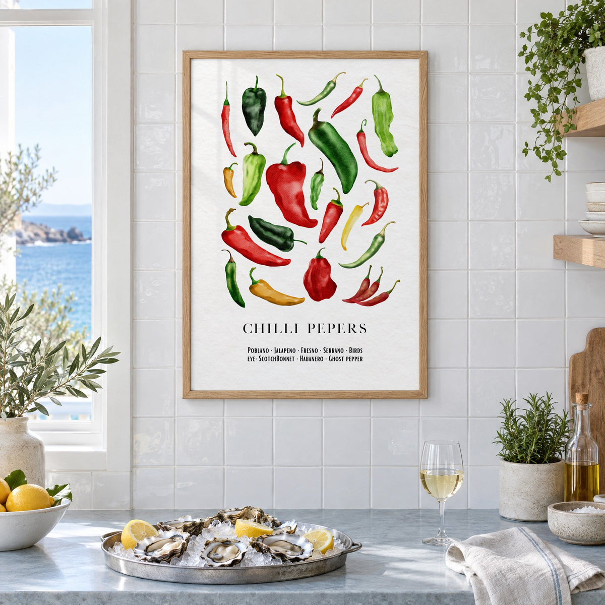 CHILLI PEPERS watercolor pepper varieties print in an oak frame on white tiles above a marble counter with oysters and lemons by a sea view