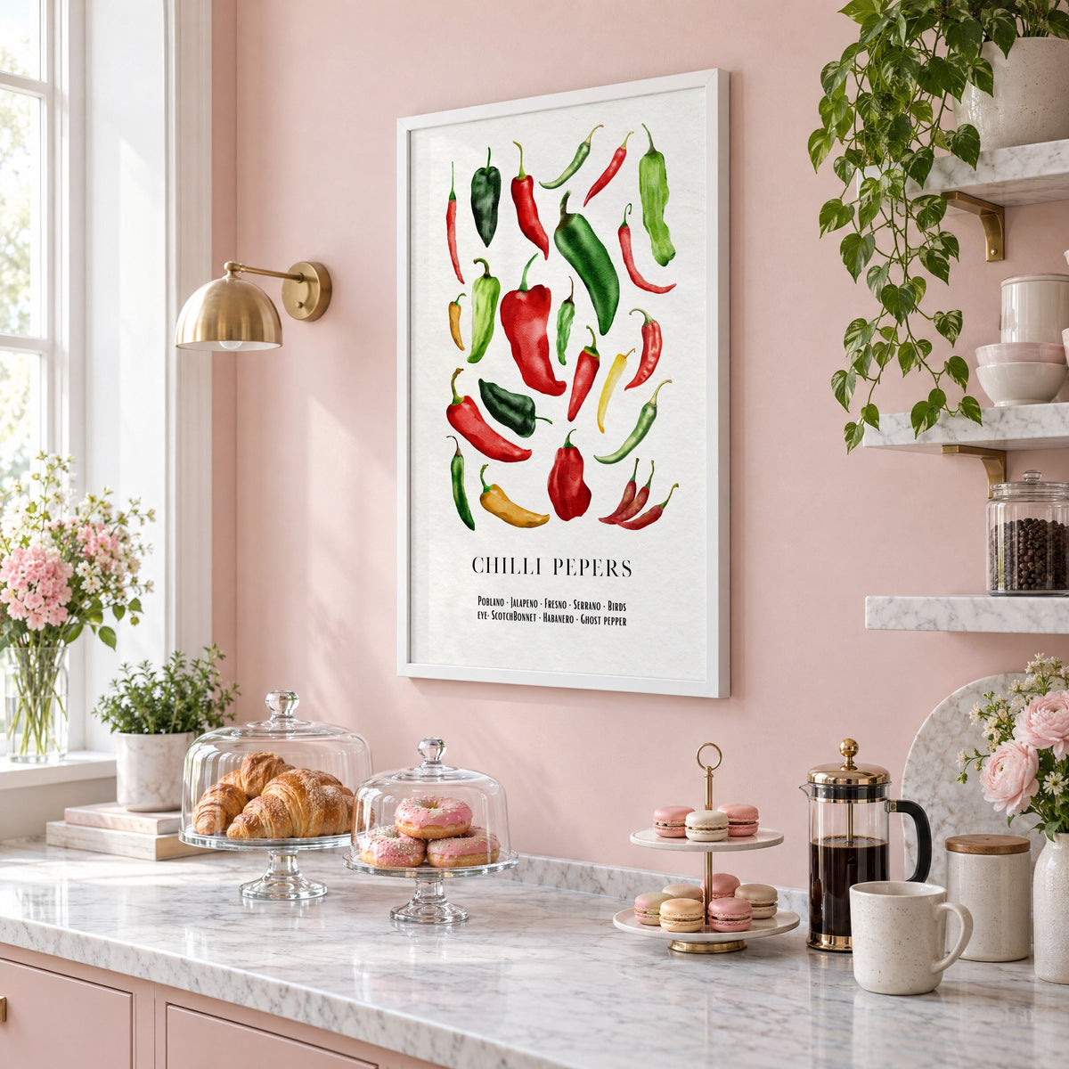 CHILLI PEPERS watercolor pepper varieties print in a white frame on a blush pink wall above a patisserie counter with croissants and macarons, seen at an angle