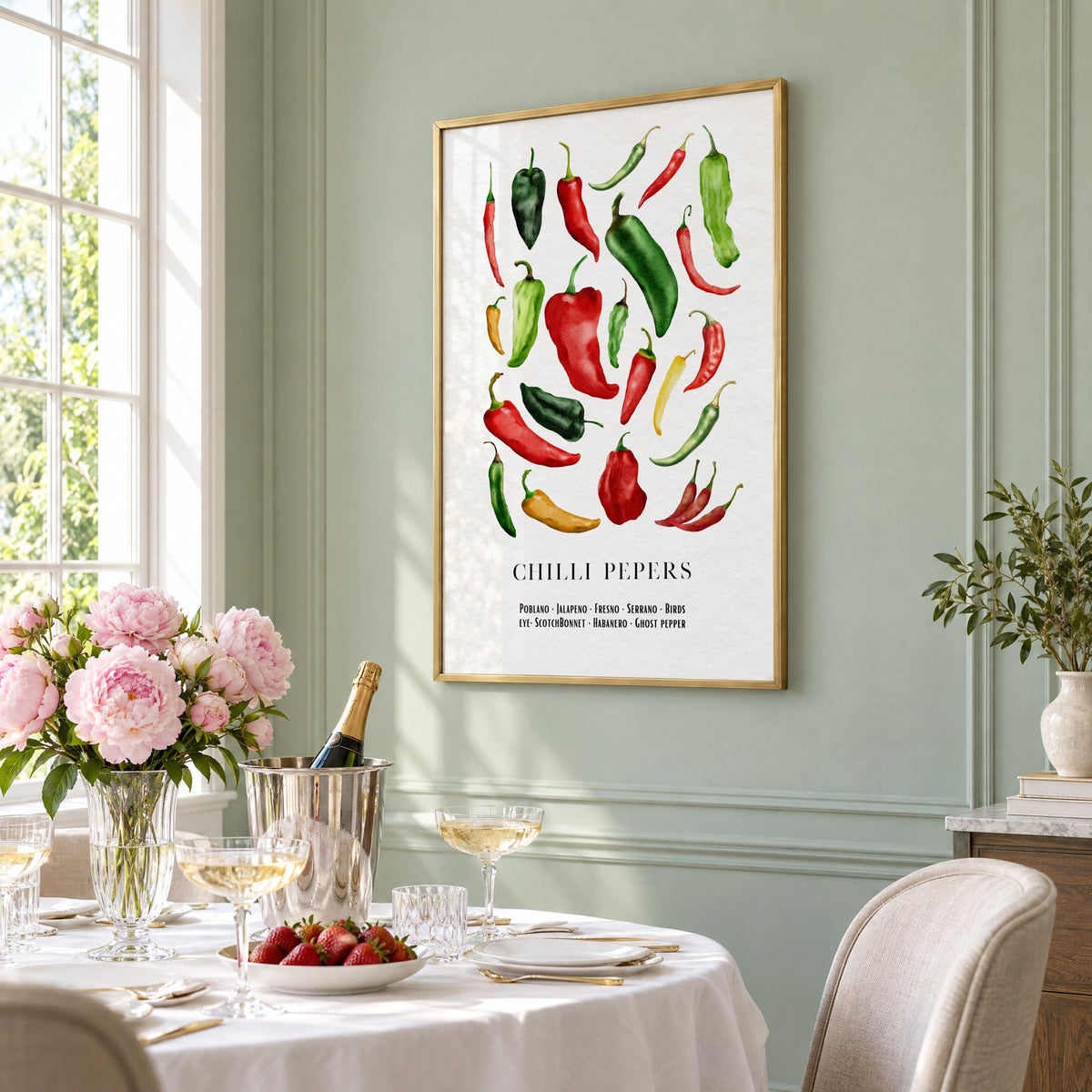 CHILLI PEPERS watercolor pepper varieties print in a brass frame on a sage wall above a brunch table with champagne and peonies, seen at an angle
