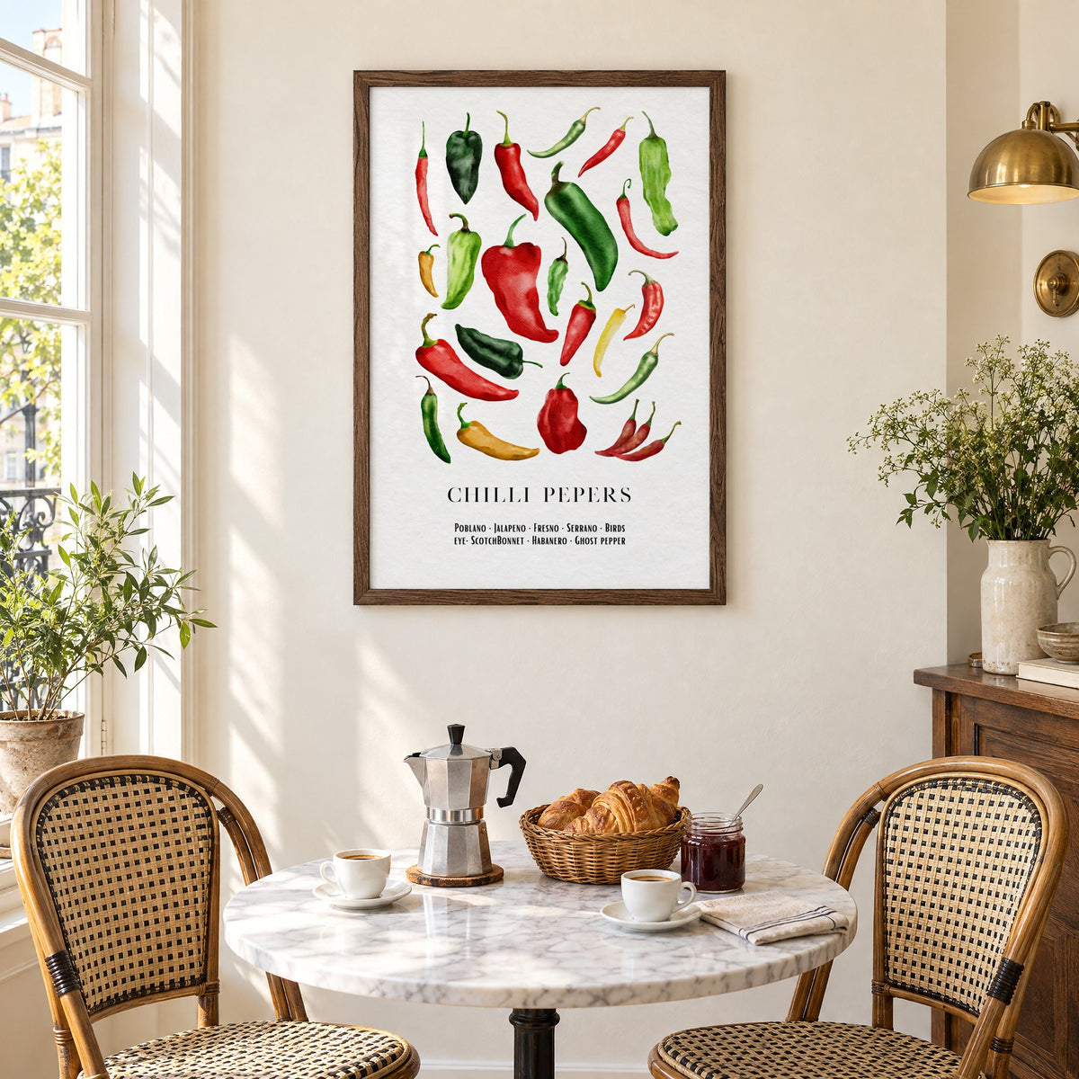 CHILLI PEPERS watercolor pepper varieties print in a walnut frame above a marble bistro table with croissants and rattan chairs