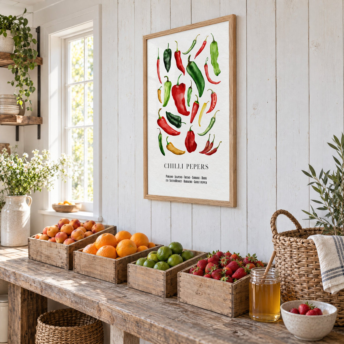 CHILLI PEPERS watercolor pepper varieties print in an oak frame on white plank walls above wooden crates of fresh fruit, seen at an angle