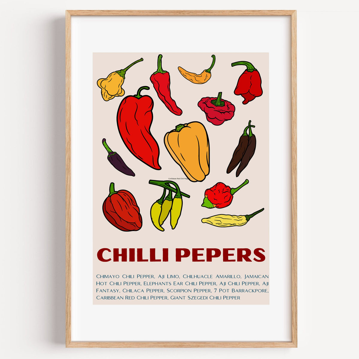CHILLI PEPERS thirteen pepper chart print in a light oak frame on a plain white wall