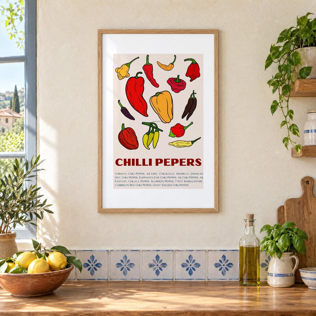 CHILLI PEPERS thirteen pepper chart print in an oak frame on a cream plaster wall above a worktop with a bowl of lemons and blue-and-white tiles
