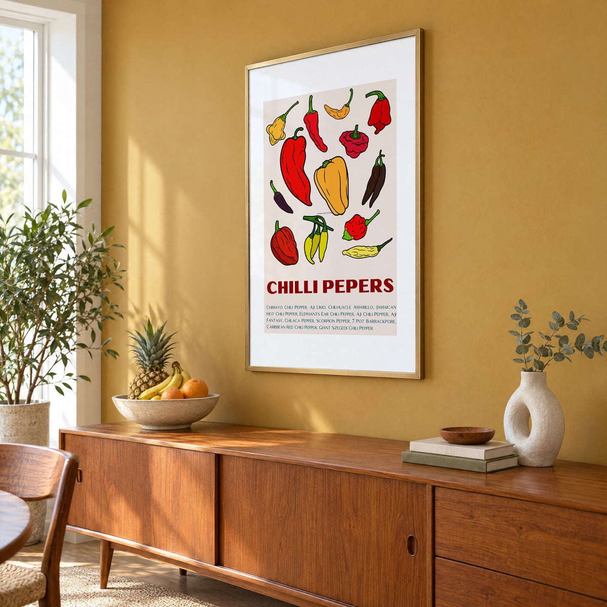 CHILLI PEPERS thirteen pepper chart print in a brass frame on a mustard wall above a teak sideboard with a fruit bowl, seen at an angle