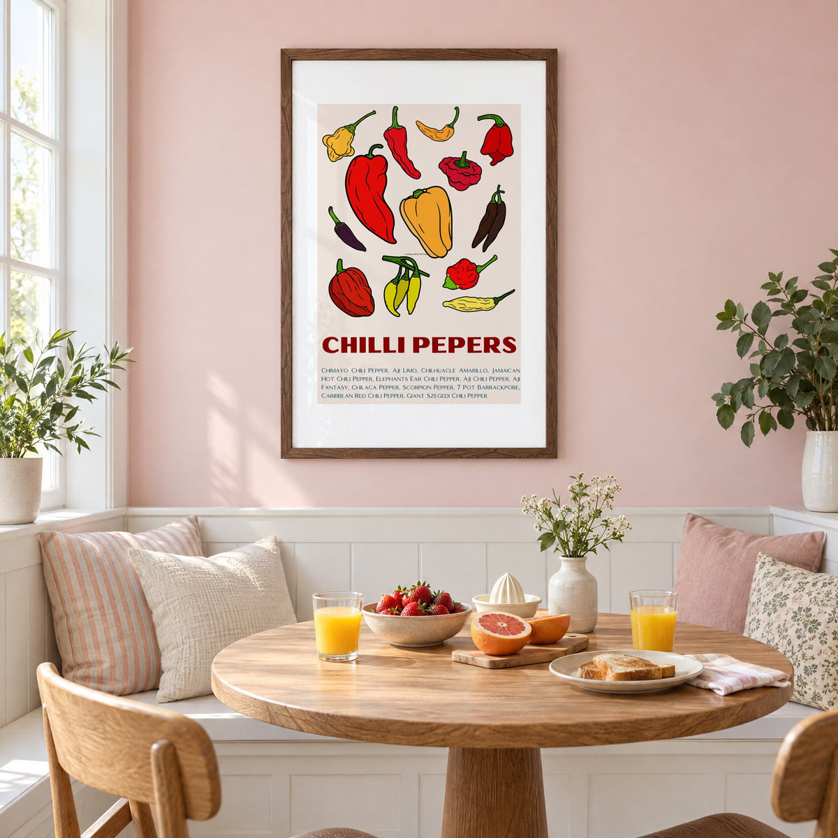 CHILLI PEPERS thirteen pepper chart print in a walnut frame on a pastel pink wall above a breakfast nook with strawberries and orange juice