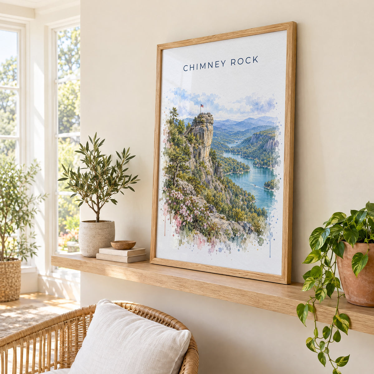Chimney Rock, North Carolina watercolor print in an oak frame on a picture ledge in a sunlit sunroom
